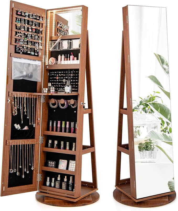 CHARMAID 360° Swivel Jewelry Armoire with Full Length Mirror, Rear Storage Shelves, Lockable Standing Jewelry Cabinet Organizer with Interior Vanity Mirror and 3-Color Lights (Walnut)