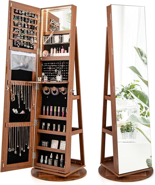 CHARMAID 360° Swivel Jewelry Armoire with Full Length Mirror, Rear Storage Shelves, Lockable Standing Jewelry Cabinet Organizer with Interior Vanity Mirror and 3-Color Lights (Walnut)