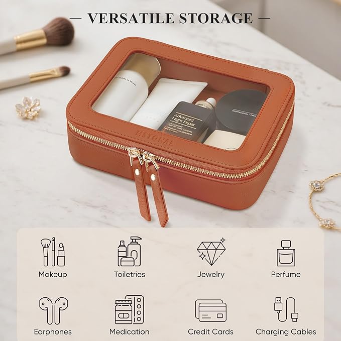 Clear Makeup Bag, Travel Toiletry Bag Cosmetic Case for Women, Waterproof Portable Make Up Skincare Pouch with Zipper, Compact Car Organizer Bag for Essentials, Mini & Medium, Brown