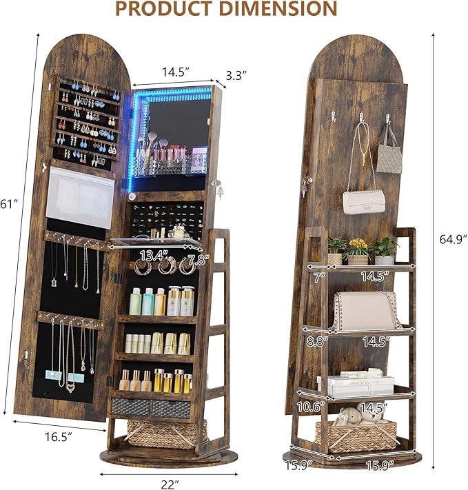 HWB LED Mirror Jewelry Cabinet, 360° Swivel Jewelry Organizer Standing, Arched Wide Full-Length Mirror with Storage Shelves, Interior Mirror, Wood Jewelry Armoire for Lady Girls, Brown