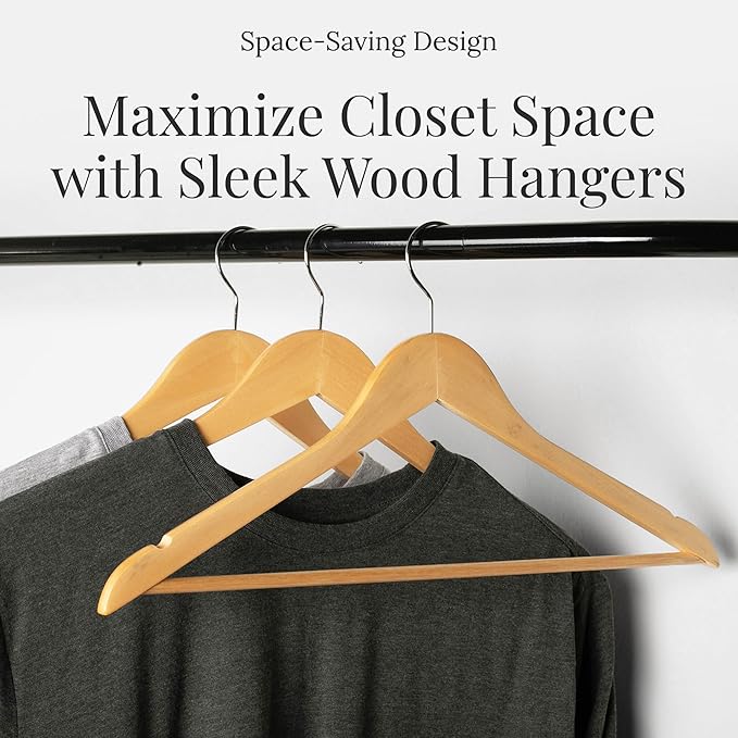 Wooden Clothes Hangers 10 Pack, Natural Wood Coat Hangers, Non-Slip Shoulder Grooves & Notches, 360° Swivel Chrome Hook, Space-Saving for Suits & Jackets, Closet Organizer - Hodge Home Essentials