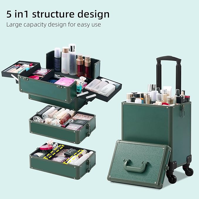 Makeup Train Case, Rolling Makeup Case with Lid, 5 in 1 Cosmetology Case on Wheels, Christmas Gift, Large Makeup Case Organizers, Profesional Cosmetic Case for Salon Barber, Green
