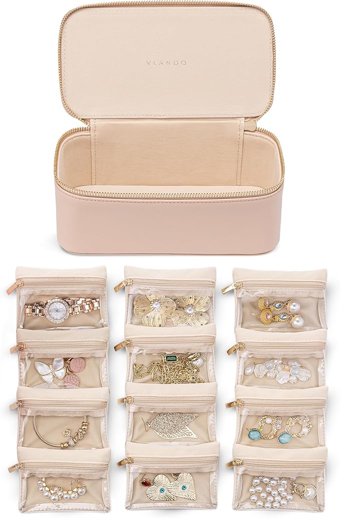 Vlando Jewelry Travel Case,Travel Jewelry Organizer with Clear Velvet Jewelry Bags 12Pcs Zipper Pouch for Women Wedding Gifts for Friends Sister-Khaki