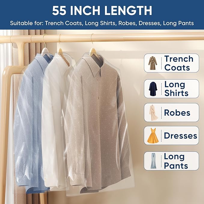 100 Pack 23.6"x55" Garment Bags for Hanging Clothes, Thick Clear Plastic Dry Cleaning Covers for Closet Storage & Travel
