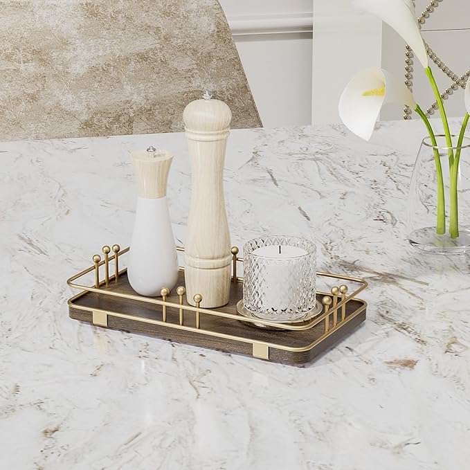 Bathroom Vanity Tray for Toiletries Makeup Perfume Candle Toilet Tank, Kitchen Tray for Soap Dispenser Spice Salt, Small Tray for Countertop Decor Coffee Nightstand 7.9”x4.4” Brown-Gold