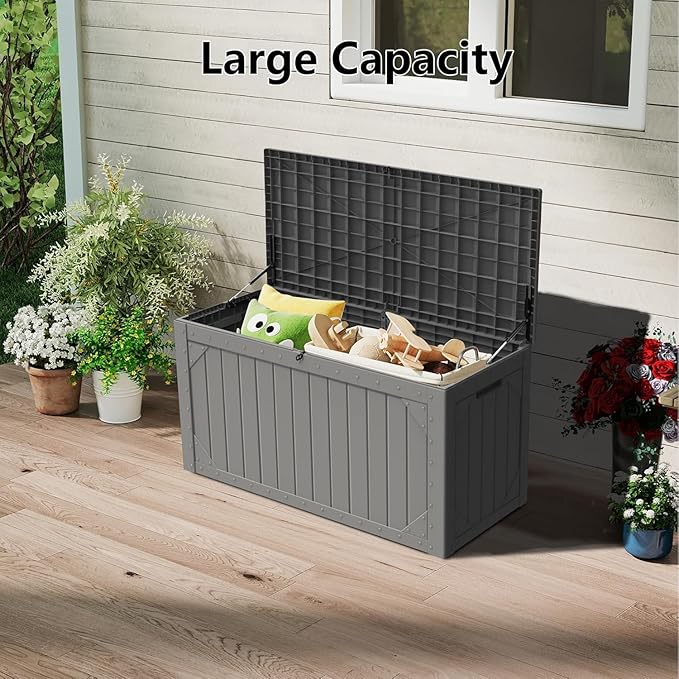 110 Gallon Resin Deck Box Waterproof Outdoor Storage Box for Patio Furniture Pool Accessories Indoor Storage for Cushion Garden Tools, Gray