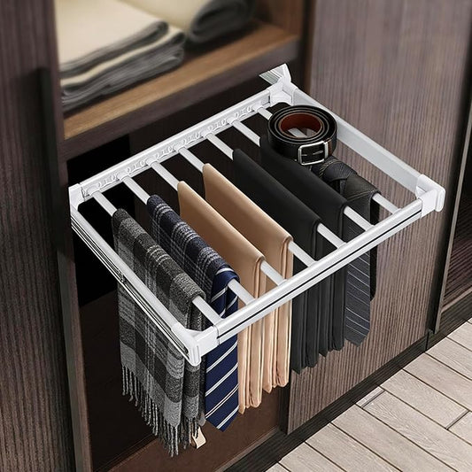 11 Arms Slide Out Pants Rack Closet Pants Hanger Bar Pull Out Trousers Rack Tie Belts Scarf Racks, Top Mounted Wardrobe Clothes Organizers Rail Pull Out Closet Storage Rod-Silver White