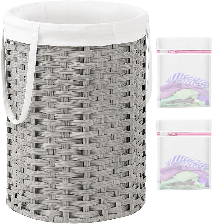 Laundry Hamper Laundry Basket Round 19.0 Gal (72 L) Handwoven Rattan Hamper, Large Wicker Laundry Hamper with Removable Laundry Bag Handles 2 Mesh Bags for Bathroom Living Room Gray (No Lid)
