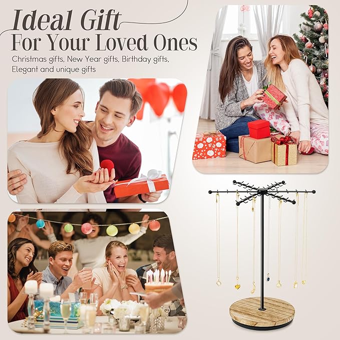 Necklace Holder Jewelry Stand, Rotating Necklace Holder Organizer with 48 Hooks for Necklace Earring Keychains Bracelet Display Stand, Metal Necklace Tree Stand -Gifts for Women (Black)