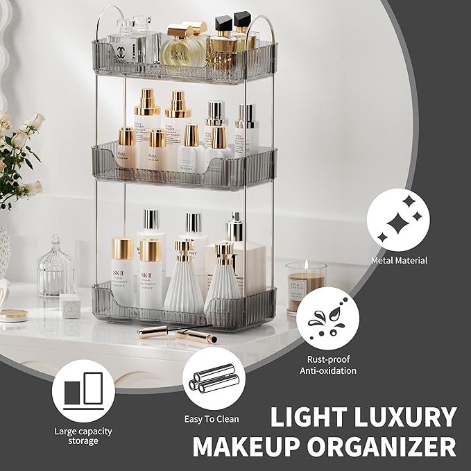 3 Tier Bathroom Organizer Countertop Makeup Perfume Tray Skincare Organizer for Bathroom Dresser Vanity (Grey)