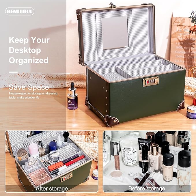 urecity Vintage Makeup Train Case with Metal Combination Lock, Green Artificial Leather, Professional Cosmetic Organizer Storage Box with Striped Interior