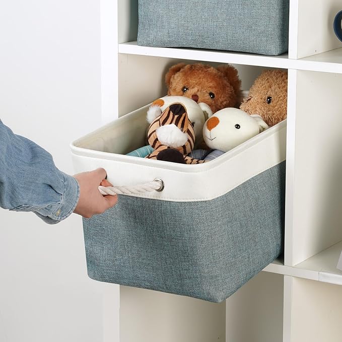 Temary Storage Baskets for Shelves 4 Pack Fabric Rectangle Baskets for Organizing Toys, Clothes, Decorative Bins with Handles (15 * 11 * 9.5"-White&Dark Green)