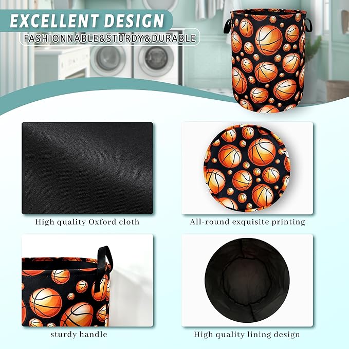 Funny Basketball Laundry Basket With Handles Oxford Cloth Tote Bag Colorful Laundry Hamper 18.9"x16.5" Foldable Clothes Storage Bucket Toy Organizer For Bathroom/Laundry/Bedroom