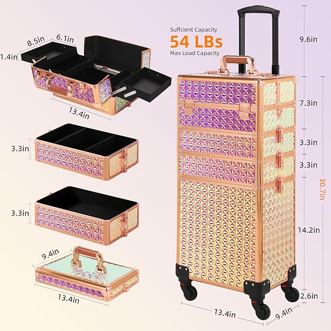 Rolling Makeup Case, Makeup Train Case with Lid, 5 in 1 Cosmetology Case on Wheels, Christmas Gift, Large Makeup Organizers, Profesional Cosmetic Case for Salon Barber, Bright Pink