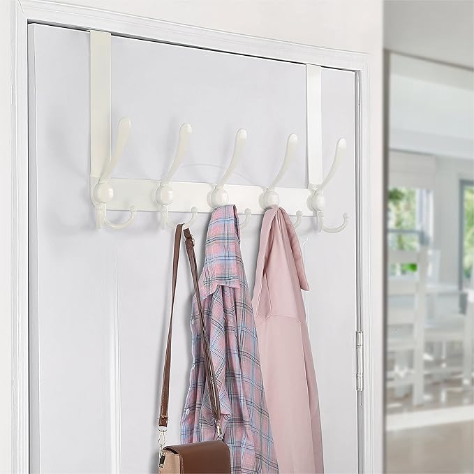 SKOLOO Over The Door Hook - for Doors up to 1-3/4'' Thickness, Pack of 2, Metal Door Hanger with 5 Triple Hooks, Over The Door Hanger for Coats, Hats,Towels, White, Assembly Required