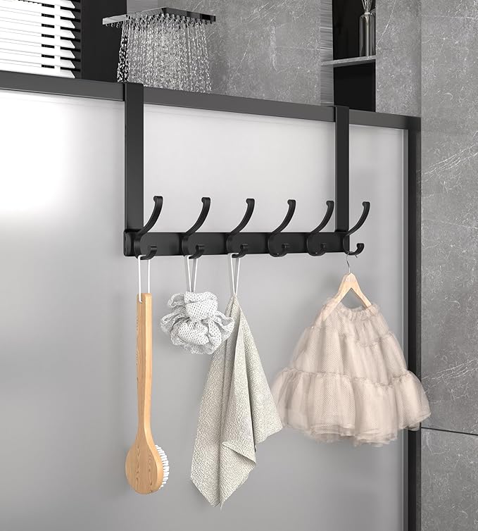 KitchLife Over The Door Hooks Hanger with 7 inches Extended Arms, Fits 1-3/8" Doors, F18U, Bathroom Towel Rack Organization, Thickened 6-Double Hook, Matte Black