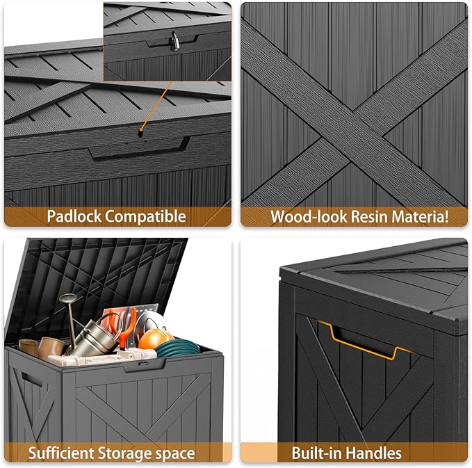 Vixzen 32 Gallon Waterproof Resin Deck Box, UV Resistant Outdoor Storage for Garden, Patio, Porch, Delivery（Black，32 Gallon）