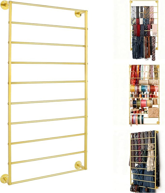 10-Layer Wall Mounted Display Rack, Tie & Scarf Rack Belt Towel Holder Wrapping Paper Ribbon Organizer Metal Shelving Scarves Belts Necktie Hijab Stand for Home, Retail Stores, Flower Shop