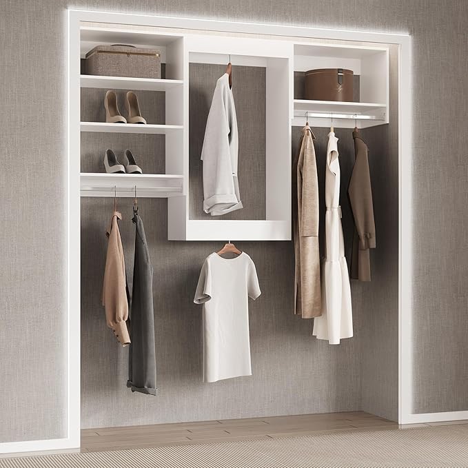 Double Hanging Closet Unit, Modular Closet System, Wood Closet System Organizer with Storage for Walk In Closets, Clothing Rack Wardrobe Closet for Hanging Clothes, Bedroom, White, 31.5"W