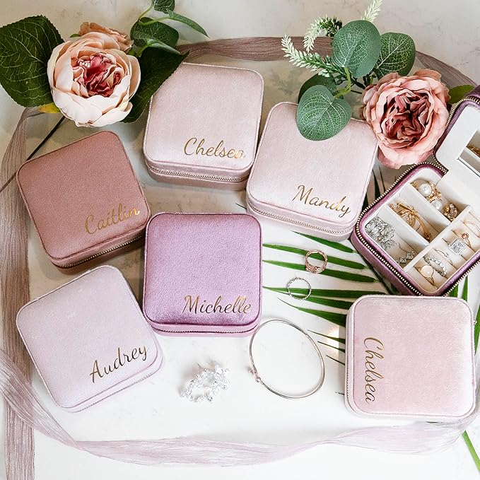 Customizable Compact Velvet Jewelry Box with Mirror, Travel Jewelry Case, Travel Jewelry Organizer, Jewelry Box for Women and Girls, Small Jewelry Organizer (Bottom Right Text, Powder Pink)