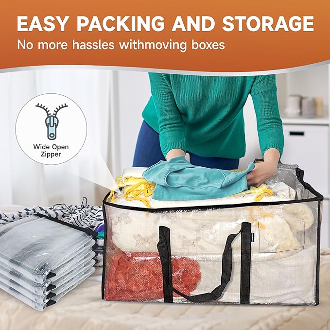 CONGREGATE 2 Pack Extra Large Moving Bags with Zippers and Carrying Handles, Heavy-Duty Storage Tote Moving Boxes for Space Saving, Semi-Transparent 97L/25.6Gal (28.7"x13.7"x15")