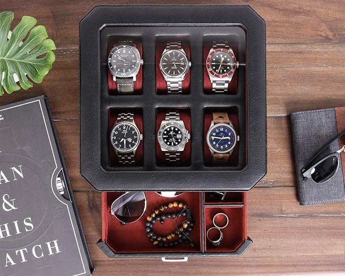 ROTHWELL Gift Set 6 Slot Leather Watch Box and 2 Watch Travel Case - Luxury Case Organizer, Microsuede Liner, Locking Mens Jewelry Watches Holder, Storage Boxes Glass Top (Black/Red Gift Set)
