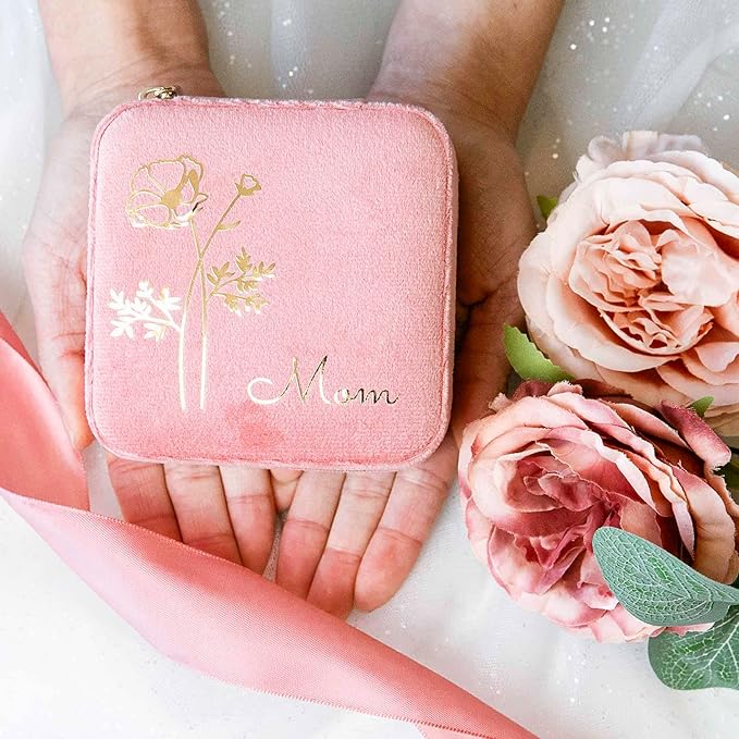 Customizable Compact Velvet Jewelry Box with Mirror, Travel Jewelry Case, Travel Jewelry Organizer, Jewelry Box for Women and Girls, Small Jewelry Organizer (Flower Design, Coral Pink)