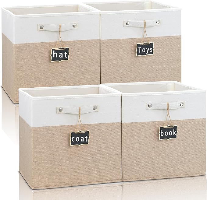 storage cubes 11x11x11Set of 4,Foldable Fabric Storage Cubes with Labels,Linen Cube Storage Organizer Bins Kallax Storage Cubes for Organizing Shelves Cabinet(White Khaki).