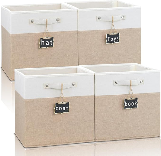 storage cubes 11x11x11Set of 4,Foldable Fabric Storage Cubes with Labels,Linen Cube Storage Organizer Bins Kallax Storage Cubes for Organizing Shelves Cabinet(White Khaki).
