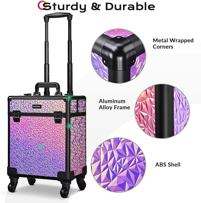 BYOOTIQUE Rolling Cosmetology Case on Wheels 3-Piece Lockable Makeup Organizer Kit Nail Tech Storage Cart Hair Tool Travel Bag for Lash Artist Nail Slon Beauty Hairstylist,Mermaid Pink