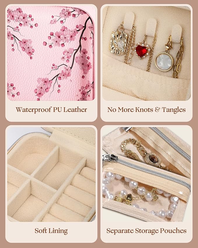 Bistup Travel Jewelry Case - Small Jewelry Organizers and Storage Box for Women Girls Teens Cute Traveling Jewelry Holder with Mirror Little Tiny Compact Modern Unique Aesthetic Pretty, Peach Blossom
