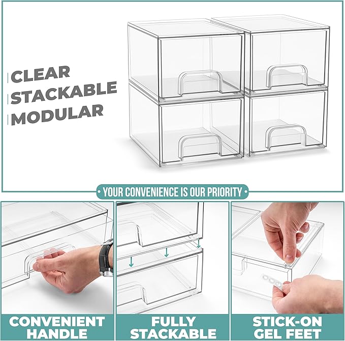Sorbus Stackable Acrylic Storage Drawers, 4 Pack Clear Plastic Organizer Bins for Baby Bottles, Makeup, Bathroom, Vanity & Kitchen Countertop Organization, Pull-Out Drawer Design for Cabinets & Pantry