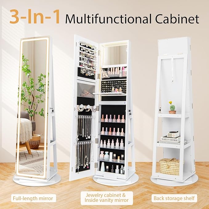GOFLAME 360° Swivel Jewelry Cabinet Armoire with Full Length Mirror, Standing Jewelry Storage Organizer with Rear Storage Shelves, 3-Color LED Lights, Foldable Shelf, Interior Mirror, White