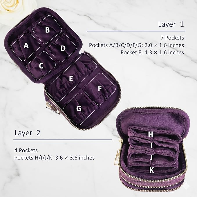 Travel Jewelry Organizer Case, Lisse Velvet 2-Layer Pouch, 11-Pocket for Necklaces, Bracelets, Earrings & Rings, Anti-Tangle Scratch-Resistant Small Jewelry Bag, Elegant Gift (Plum Purple)