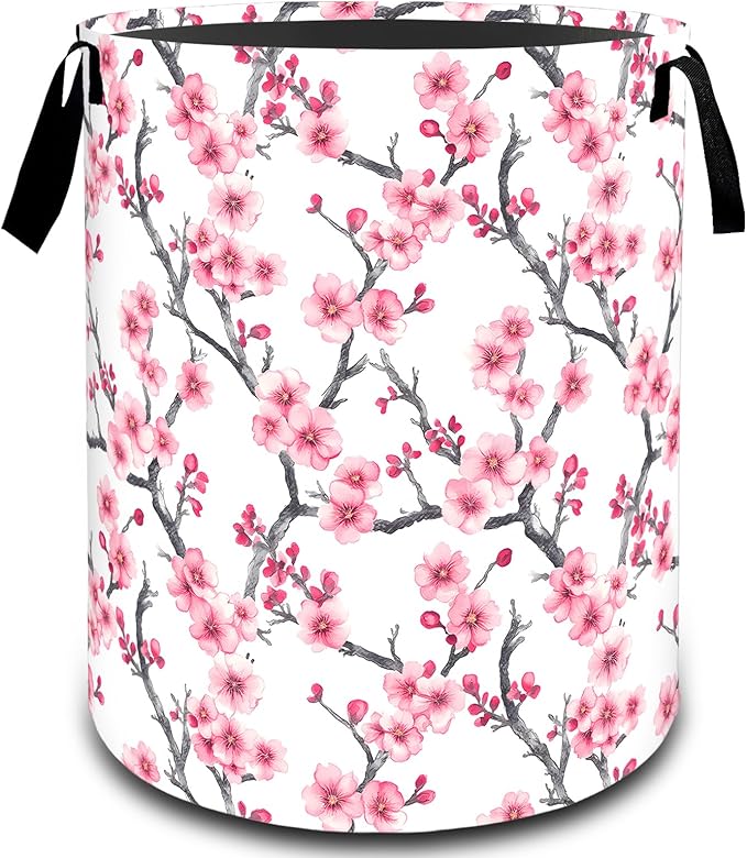 Cherry Blossom Floral Branch Laundry Basket, Dirty Collapsible Clothes Toy Organizer Hamper for Kids Adults, Oxford Cloth Waterproof Storage Bin for Bathroom Home Decor Gifts, 19.7"X15.7"