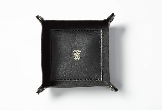 USA Handmade Premium Leather Valet Tray, Folds Flat! Dice Rolling Basket and Organizer with Brass Snaps - for Keys, Jewelry, Coin, EDC, Watch Storage Caddy - Black Medium