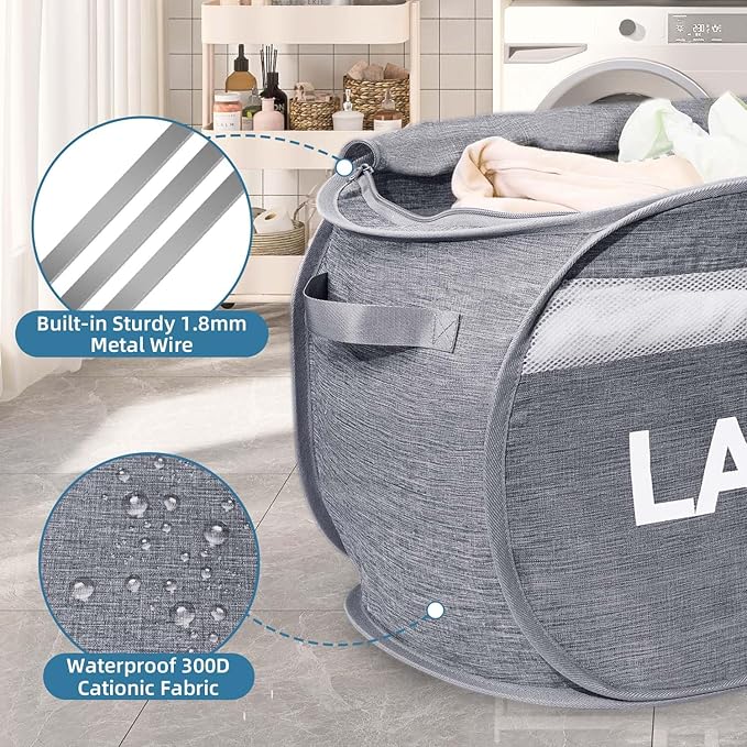 Collapsible Laundry Basket 2 pack, Foldable Pop Up Grey Laundry Baskets Mesh with Lid & Handle, Pop Up Collapsible Laundrys Hamper, Fabric Laundrys Baskets for Dorm, Travel, Bathroom