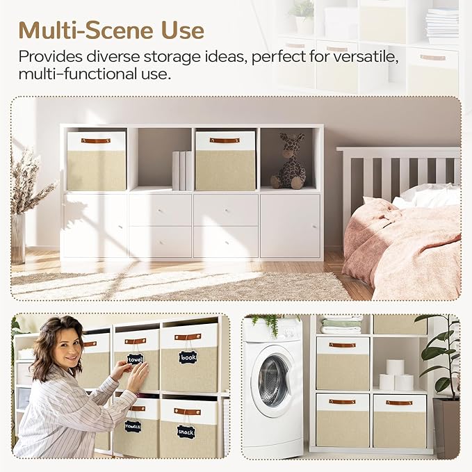 13x13 Storage Cubes 6-Pack, Large Foldable Fabric Cube Storage Bin with Reinforced Bottom and Labels, Organizer Baskets for Shelves, Closets(White/Khaki)