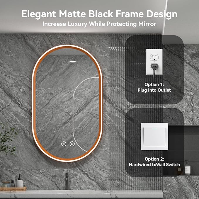 Led Bathroom Mirror with Lights, 24'' x 40'' Oval Heavy Duty Aluminum Frame Bathroom Vanity Mirror with Lights, 3 Colors, Brightness Stepless Dimmable, Anti-Fog, Memory Function, Single LED Orange