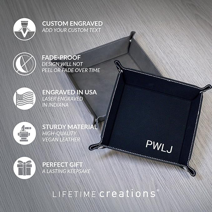 Lifetime Creations Monogrammed Valet Tray (Black) - Personalized Vegan Leather Catchall, Change Tray, Groomsmen Gift, Desk Dresser Organizer