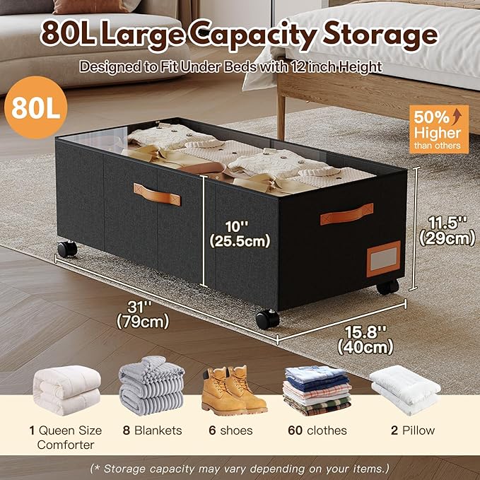 Under Bed Storage with Wheels,12inch Tall Under Bed Storage XXL 80L, Under Bed Storage Containers with Clear Lids,No Assemble Rolling Storage Bins Large Capacity for Closet, Blankets,Shoes,Toys