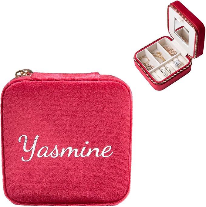 Customizable Compact Velvet Jewelry Box with Mirror, Travel Jewelry Case, Travel Jewelry Organizer, Jewelry Box for Women and Girls, Small Jewelry Organizer (Center Text, Wine Red)