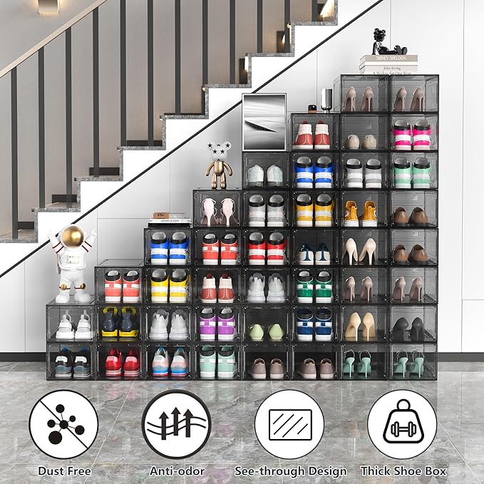 12 Pack Hard Sturdy Thickened Rigid XX Large Shoe Storage Organizer for Closet, Clear Stackable Sneaker Shoe Boxes Rack Containers Display Case Bins with Lids, Grey02