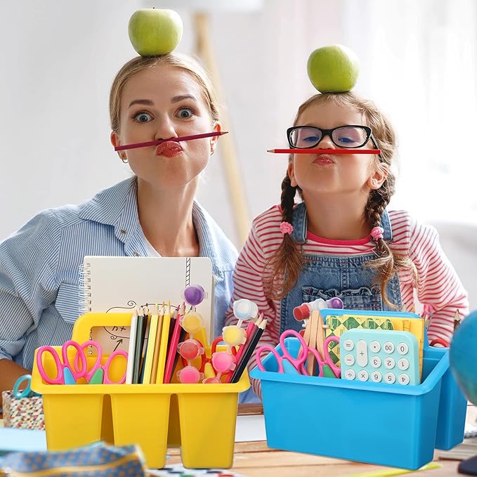 WILLBOND 12 Pcs Classroom Storage Caddies Stackable Utility Caddies with 4 Compartment Plastic Caddy with Handle Portable Storage Bins Organizers for Kids Schools Art Craft Supplies(Colorful)