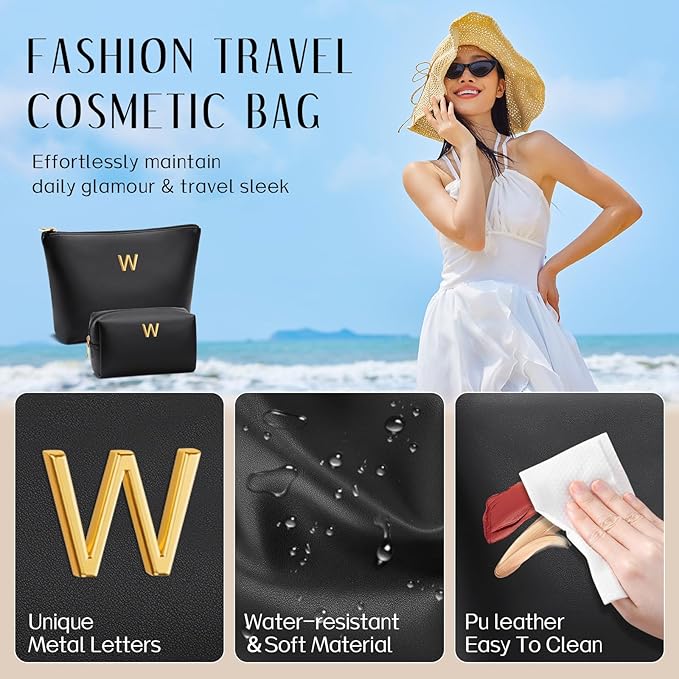 Valentine's Day Gifts for Women Girlfriend Initial Makeup Bag for Teen Girls Personalized Gifts for Friend Teacher Mom Wife Cosmetic Travel Toiletry Bag(Black,W)