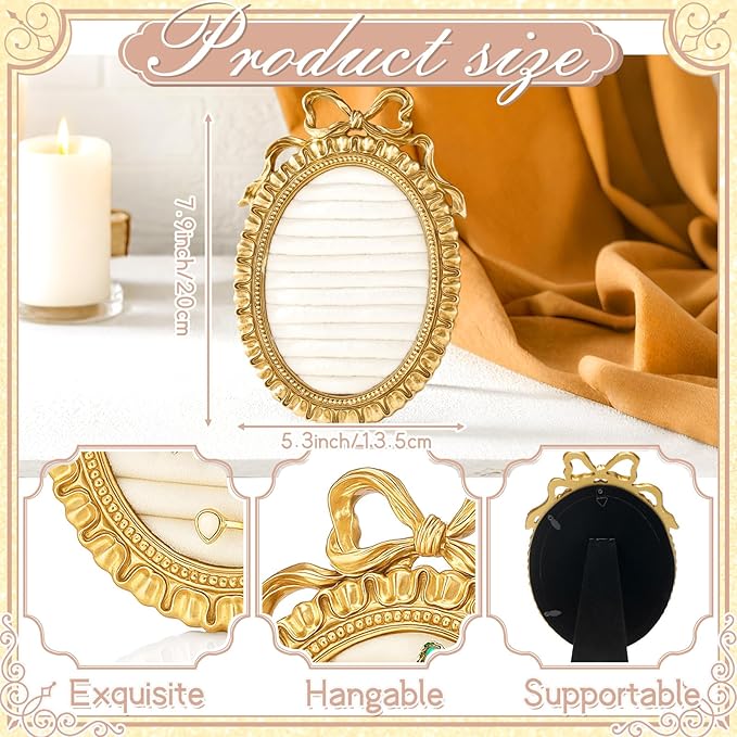 Vintage Ring Holder Round Bow Gold Ring Wedding Display Suede Jewelry Box Stand Frame Earring Tray Anniversary Engagement Baroque Organizer Photograph Prop for Women Birthday Christmas Gift