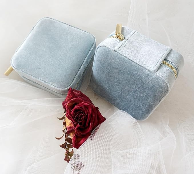 Customizable Compact Velvet Jewelry Box with Mirror, Travel Jewelry Case, Travel Jewelry Organizer, Jewelry Box for Women and Girls, Small Jewelry Organizer (Center Text, Powder Blue)