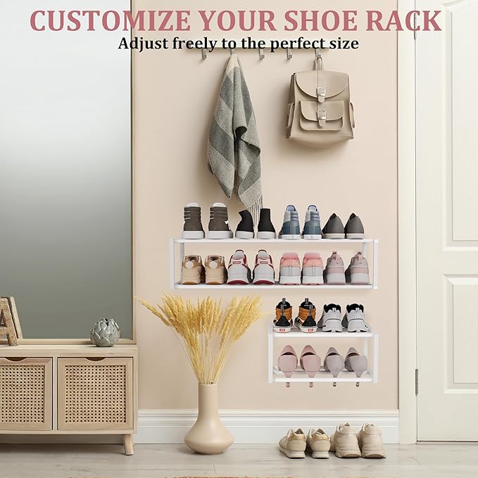 4 Pack Expandable Wall Mounted Shoe Rack, 17"-30"Adjustable Hanging Shoe Rack Holds 24 Pairs, Heavy Duty Metal Shoe Racks Holder with 8 Storage Hooks, Space Saving for Entryway Closet Doorway（White)