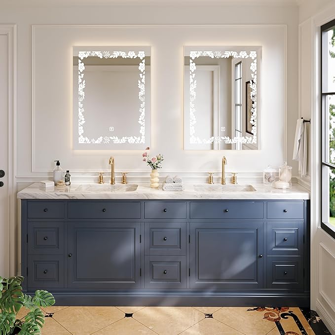 32"*24" Rectangular LED Vanity Mirror with Lights, Bedroom and Bathroom Mirror, Touch Control 3-Color Dimmable Lighting, Easy Wall Mount, Plug-in Power, with Elegant Pattern