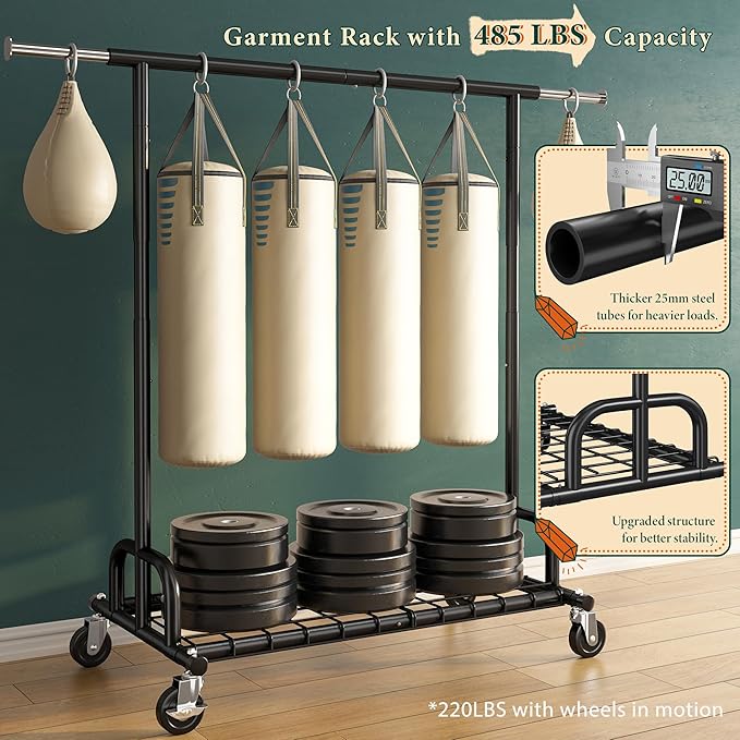 Raybee Heavy Duty Clothes Rack, Clothing Racks for Hanging Heavy Clothes 200+, Rolling Clothing Rack Load 530 LBS, Extendable & Adjustable Portable Commercial Garment Rack with Wheels, Black